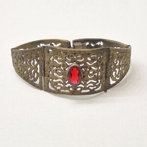 Antique Bulgarian Filagree Folk Brass Bracelet with Red Gem MB